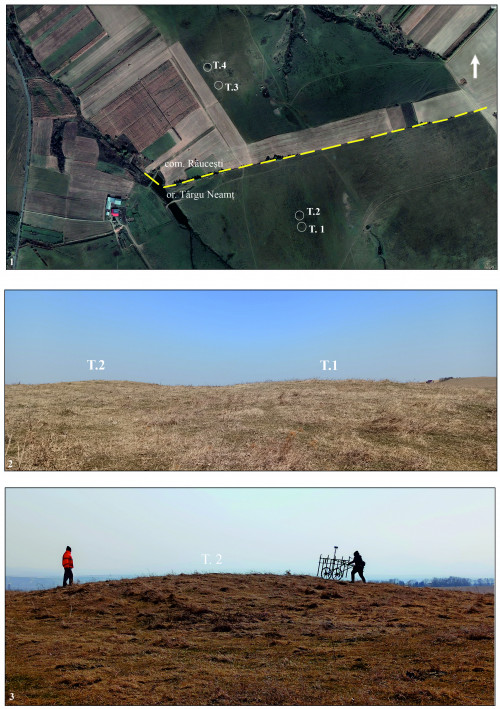Fig. 1. Târgu Neamț - Islaz/Aerodrom: 1, 2, amplasarea tumulilor; 3, scanarea geofizică a tumului T. 2.